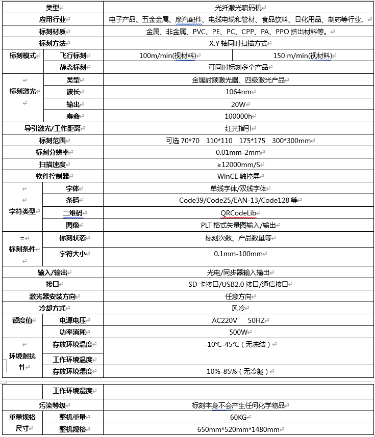 激光噴碼機技術參數